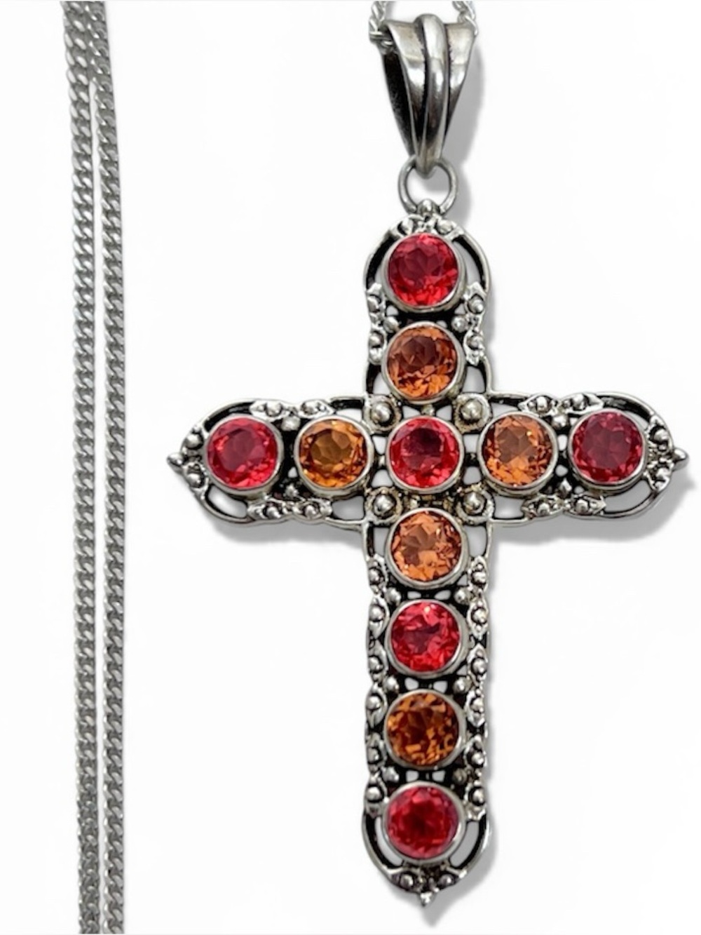 Nicky Butler Sunset & Watermelon Quartz Cross Pendant Necklace Sterling Silver